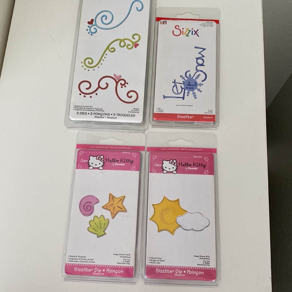 4 Packages Sizzix Medium Sizzlits Dies Hello Kitty, Flourishes, Snow Phrase New - Picture 5 of 5